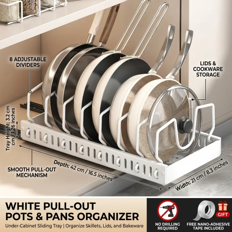Organizador Deslizable para Ollas y Sartenes Bajo el Gabinete, Bandeja de Almacenamiento Extraíble para Cocina con 8 Divisores Ajustables, Soporte para Tapas de Utensilios de Cocina