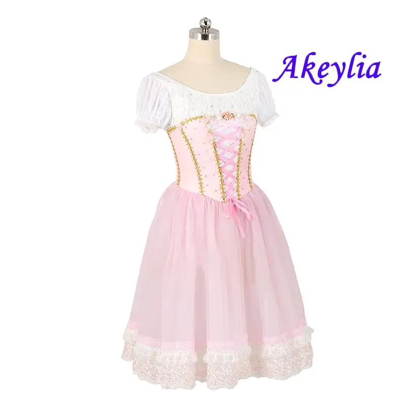 Rosa pálido saia de balé romântico vestido na altura do joelho giselle feminino profissional ballet tutu estilo curto para competição jnbl222