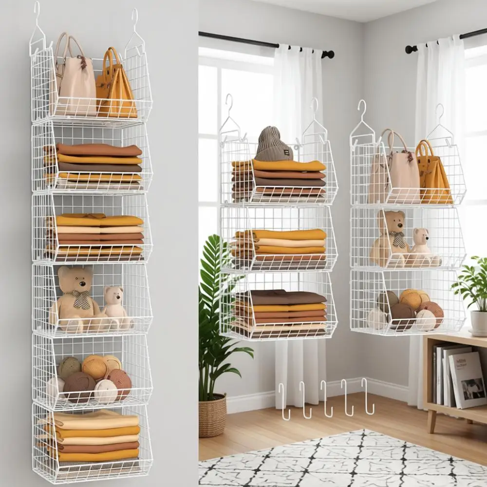 

6-Tier Hanging Closet Organizer with 4 Hooks, 5 S Hooks, and Wire Storage Bins for Clothing, Shoes, Accessories