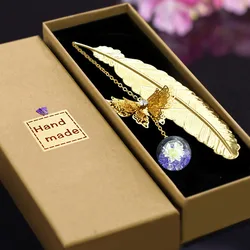 1pc Chinese Style Metal Feather Bookmark Creative Immortal Dried Flower Butterfly Leaf Student Bookmark Teacher's Day Gift