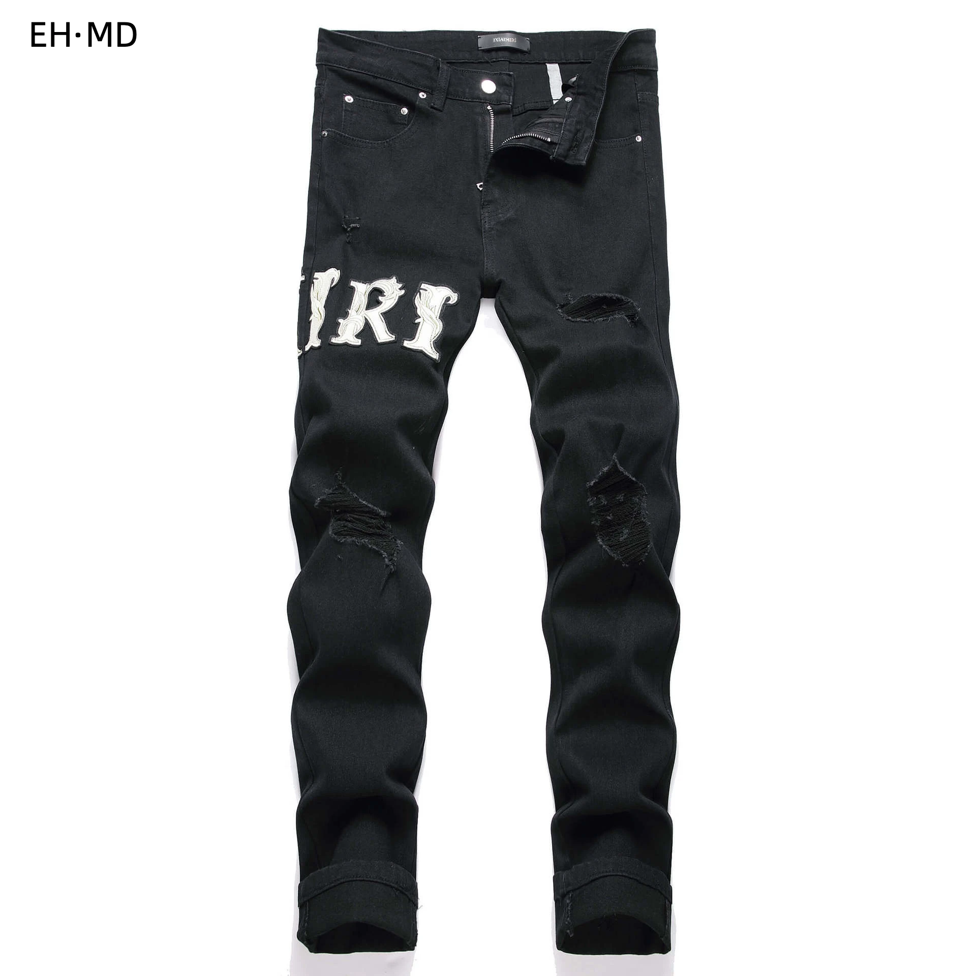 

Summer Handmade Embroidery Jeans Men Pattern Small Foot Slim Fit Perforated 3D Skull Pants Worn Loose Vintage Stretch Street 024