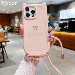 Cute Cat Ear Soft Silicone Colorful Love Heart Crossbody Lanyard Case For iPhone 17 16 15 Plus 14 Pro Max 13 12 Shockproof Cover