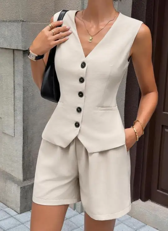 

2026 Spring/Summer New Women's Fashion Elegant Retro Button Pocket V-neck Tank Top Set Women's Wear