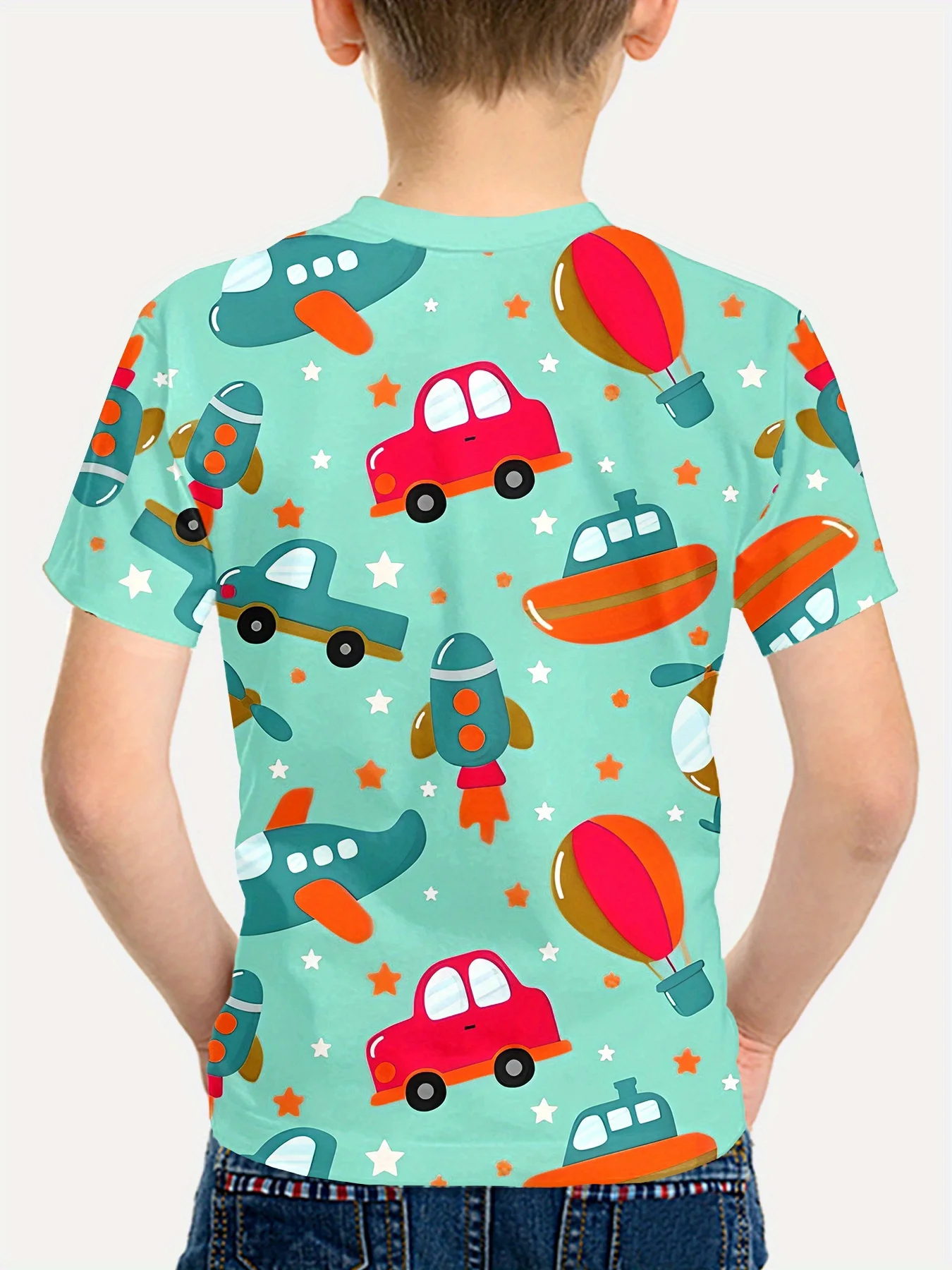 Cartoon Transport Kids T-Shirt, Teal Star Background Boys Crew Neck Summer Short Sleeve Tee