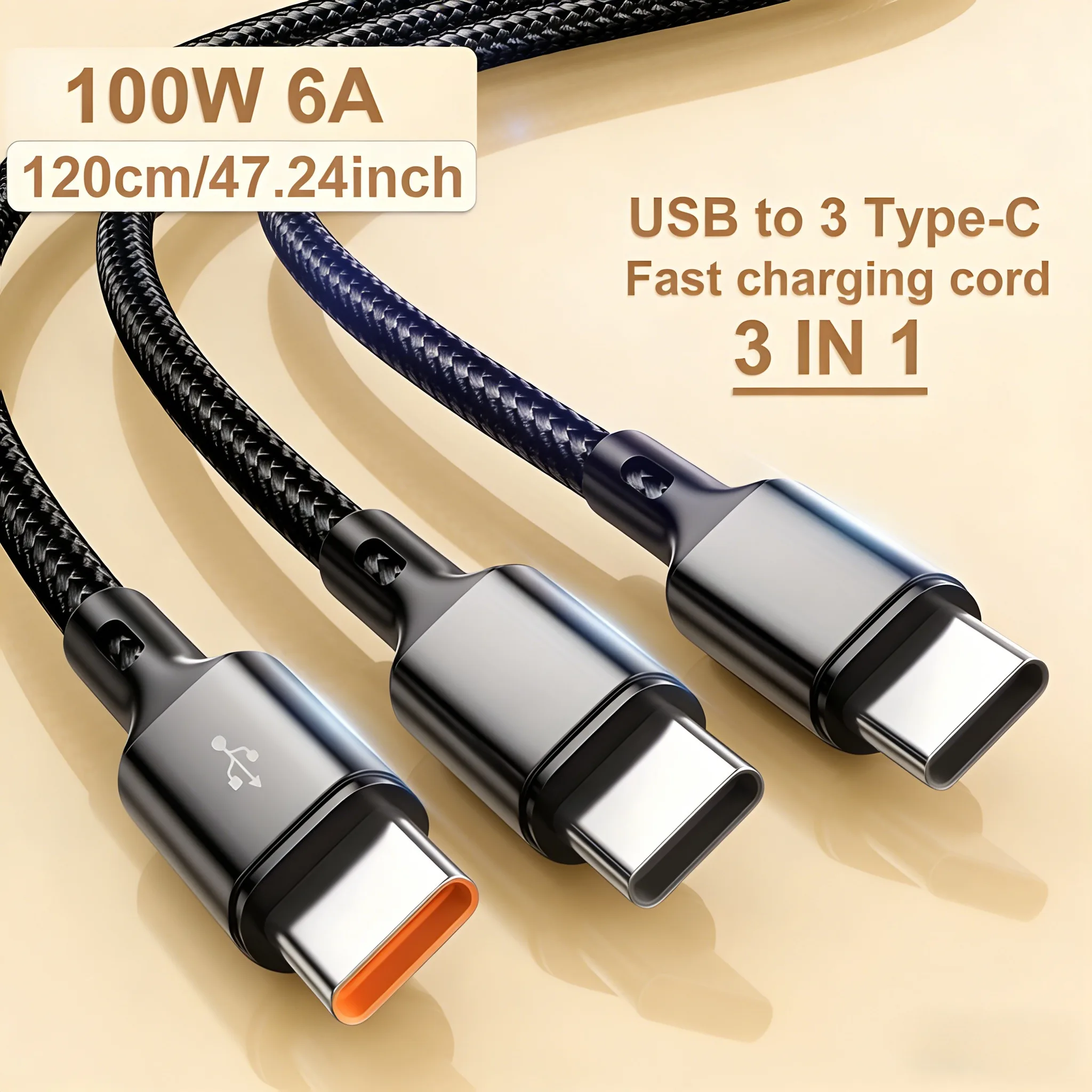 PD USB to Type C 100W Cable 3 In 1 Fast Charging for Samsung Xiaomi Huawei Android Phone USB C High-speed Data Transmission Cord