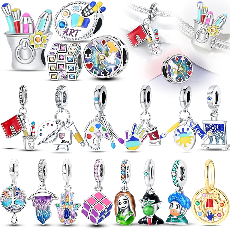 

100% 925 Silver Pigment Drawing Board Famous Paintings Figure Art Series Charms Beads Fit 3mm Bracelets DIY Fine Jewelry Making