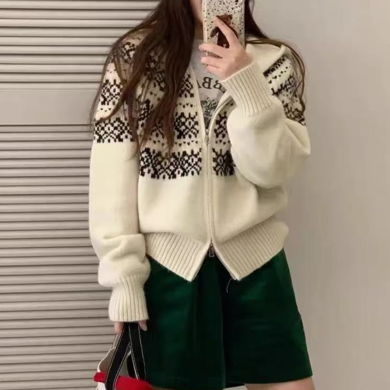 

zip up Fair Isle cardigan for women autumn winter thick warm sweater jacket with zipper front hooded cardigan comfy knitwear
