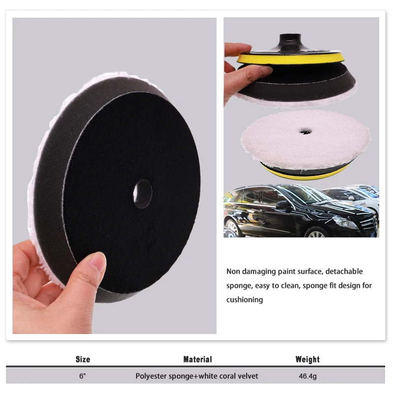 Almohadilla de pulido de lana de microfibra blanca de 6,5 pulgadas, respaldo de forro polar negro suave, borde biselado para pulido de automóviles y metales, 2 uds.