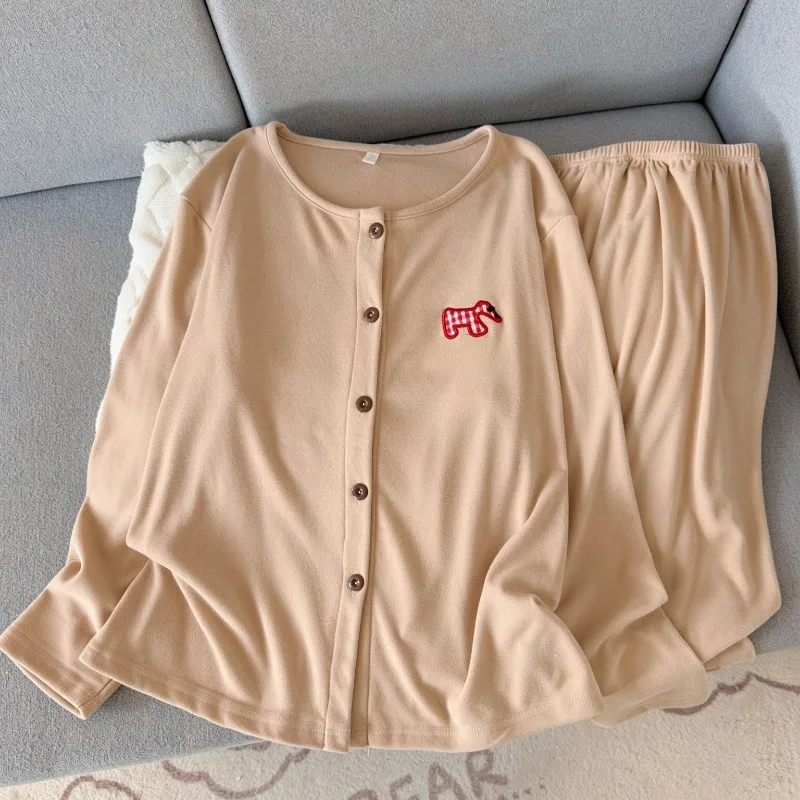 Women Loungewear Set Dog Embroidery Round Neck Sweet Cute Pajamas Set Winter Soft Warm Sleepwear Home Wear Korean Style Kawaii