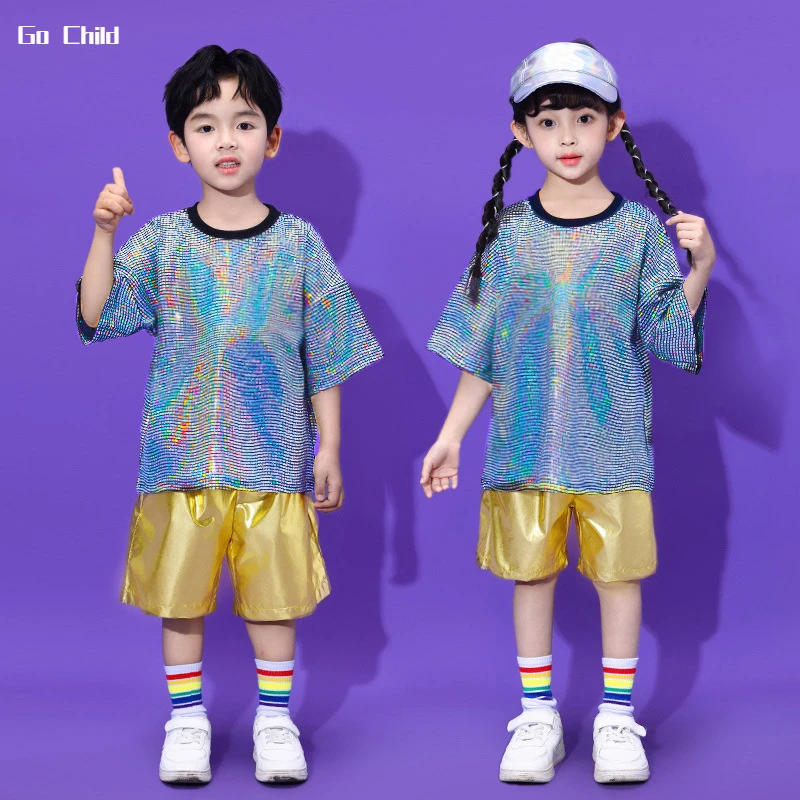 Boys Sequin Silver T-shirt Hip Hop Shorts Girls Streetwear Kids Street Dance Loose Tee Clothes Sets Children Jazz Stage Costumes