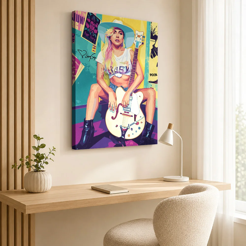 Lady Gaga with Guitar Pop Art Canvas Poster Customized Photo Retro Music Wall Paintings Decoration for Bar Gift for Collectors