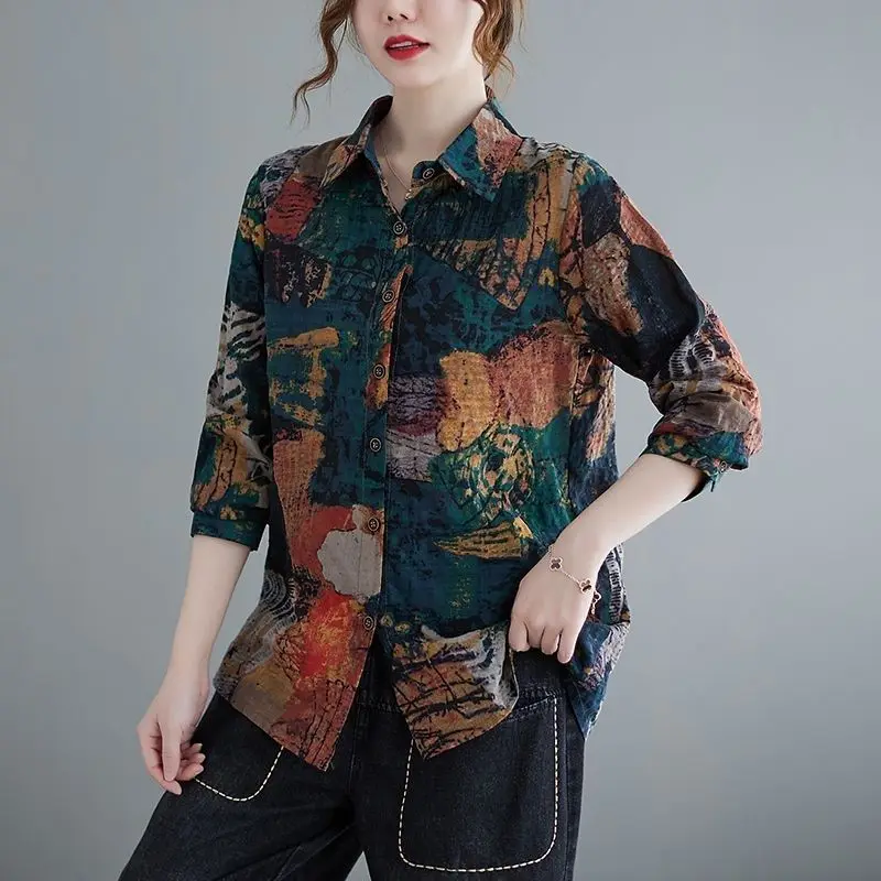 Color Painting Lattice Printing Thin Vintage Literature Art Single Breasted Shirt National Style Turn Down Collar Women Oversize