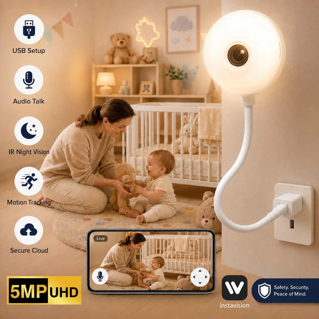 5MP WiFi Indoor Camera Mini Wireless USB Light Bulb Design Motion Detection 2-Way Audio for Baby Monitoring Security Protection