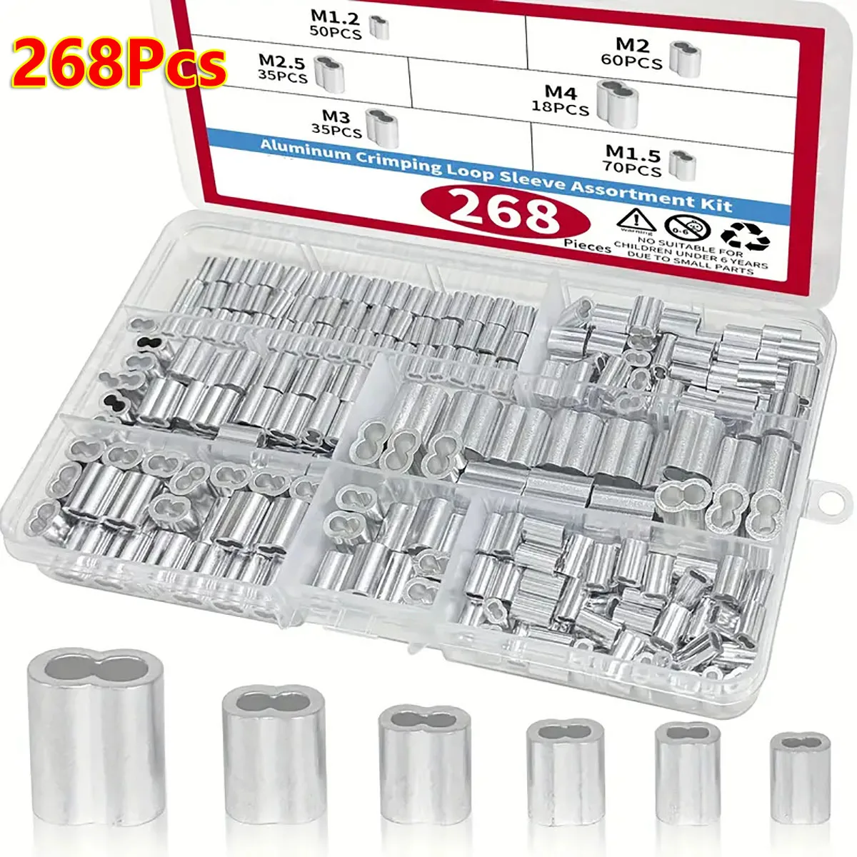268Pcs Aluminum Crimping Loop Sleeve Cable Crimps Assortment Kit M1.2 - M4 for Dog Leash Wire Rope Marine Industrial Silver DIY