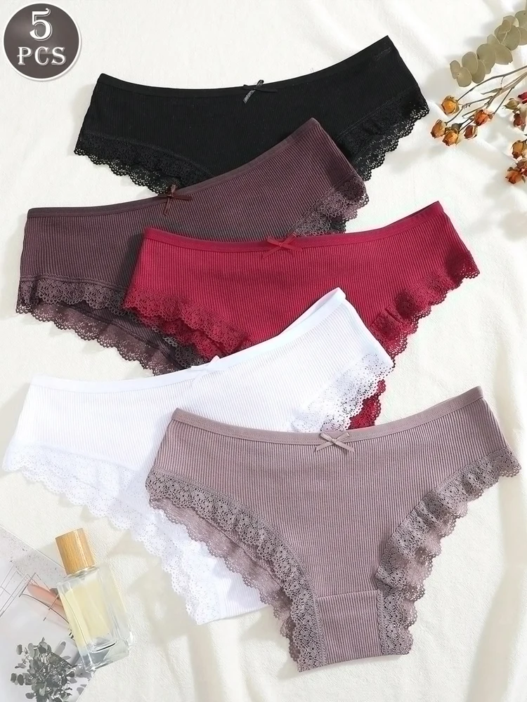 5-teiliges Set Damen Nahtlose Baumwollslips Sexy Patchwork-Spitze Slip-Style Unterwäsche Weich Atmungsaktiv mit Schleifendekoration Dessous S-XXL