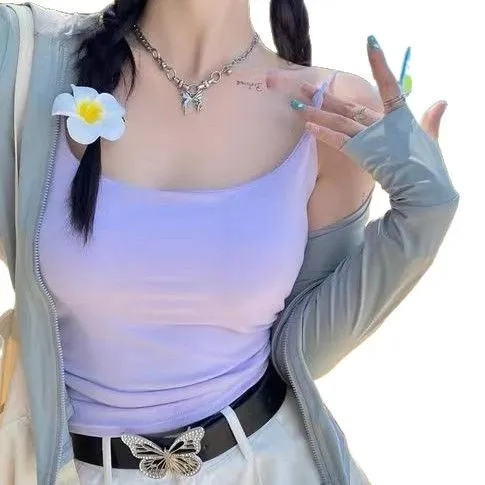 セクシーでスパイシーなガールズ風バストストラップベスト、女性用サマースリムアウター、胸パッドデザイン、カジュアルでスイートなスレ、ポリエステル繊維