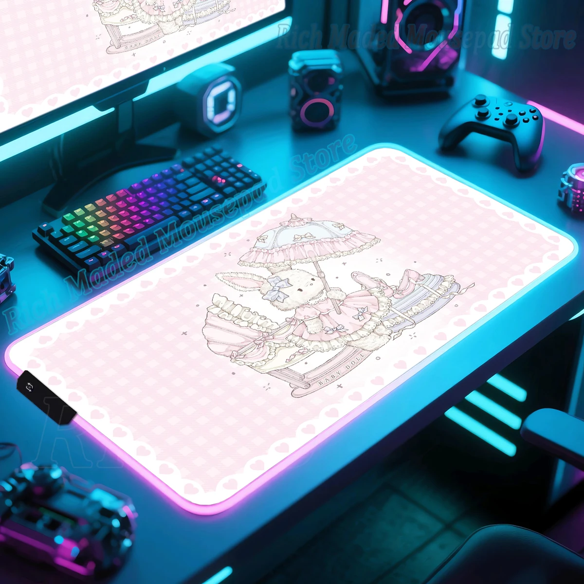 

Розовые аниме RGB резиновые коврики для мыши XXL Милый кролик Медведь Большой светодиодный светильник Коврик для мыши ПК Красочный светящийся настольный коврик Коврик с подсветкой Коврик