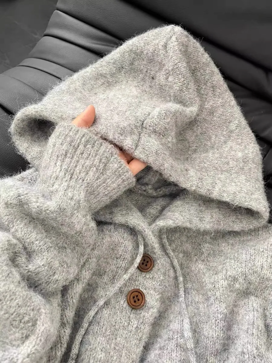 سترة كارديجان نسائية كبيرة الحجم بغطاء للرأس، مفتوحة من الأمام، للخريف والشتاء، بأسلوب كوري كسول، محبوكة، طويلة