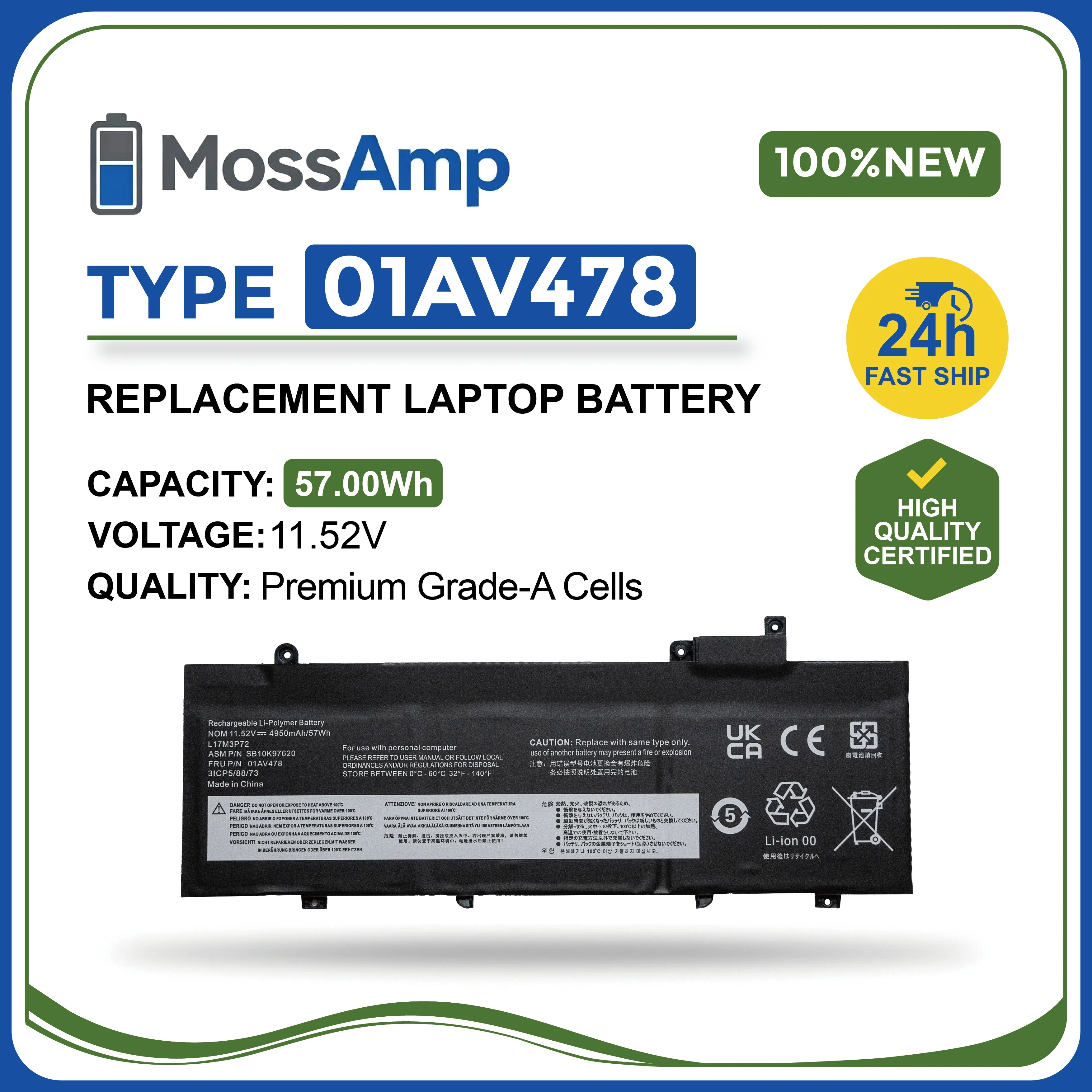 MossAmp 11.52V 57WH 01AV478 Laptop Battery for ThinkPad T480s T470s X1 Carbon L17L3P71 L17M3P71 L17M3P72 01AV477 01AV479 01AV480