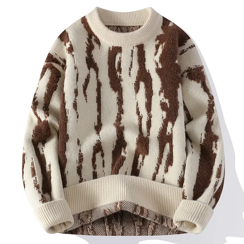 New Fashion Autumn Winter Men Apricot Grey Black O-neck Long Sleeve Casual Loose Fit Simple Basic Daily Trendy Knitted Sweaters