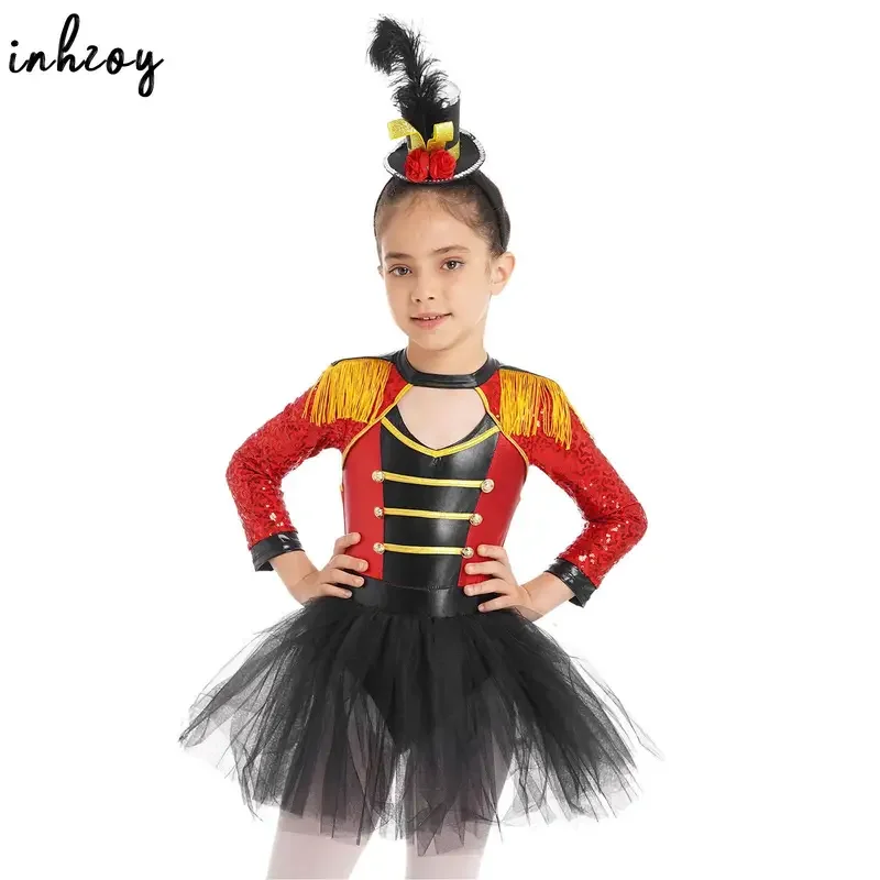 Kinderen Meisjes Circus Circusdirecteur Kostuums Lange Mouw Pailletten Kwastje Mesh Tutu Jurk Goochelaar Podium Halloween Carnaval Party Outfits