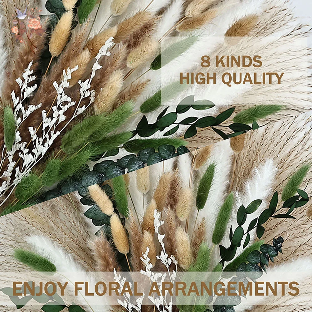 85PCS Natural Dried Flowers Pampas Grass Bouquet Boho Home Spring Decor Table Party Vase Filler Green Eucalyptus Bunch Supplies