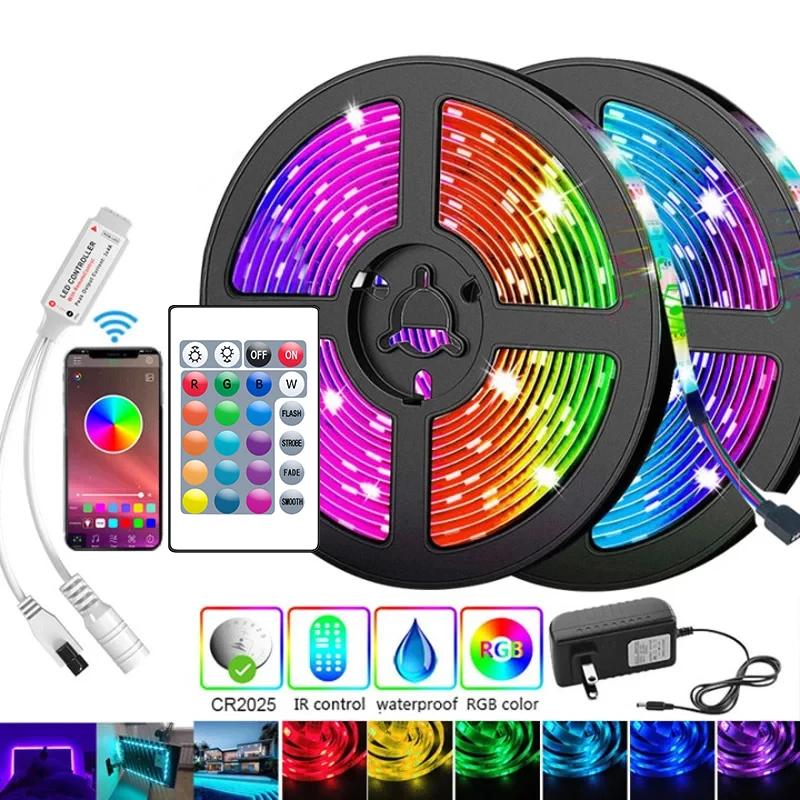 Bluetoothコントローラーと電源アダプターを備えたLEDストリップライト,家庭用,RGB, 15m, 20m, 30ダイオード,5m, 5050