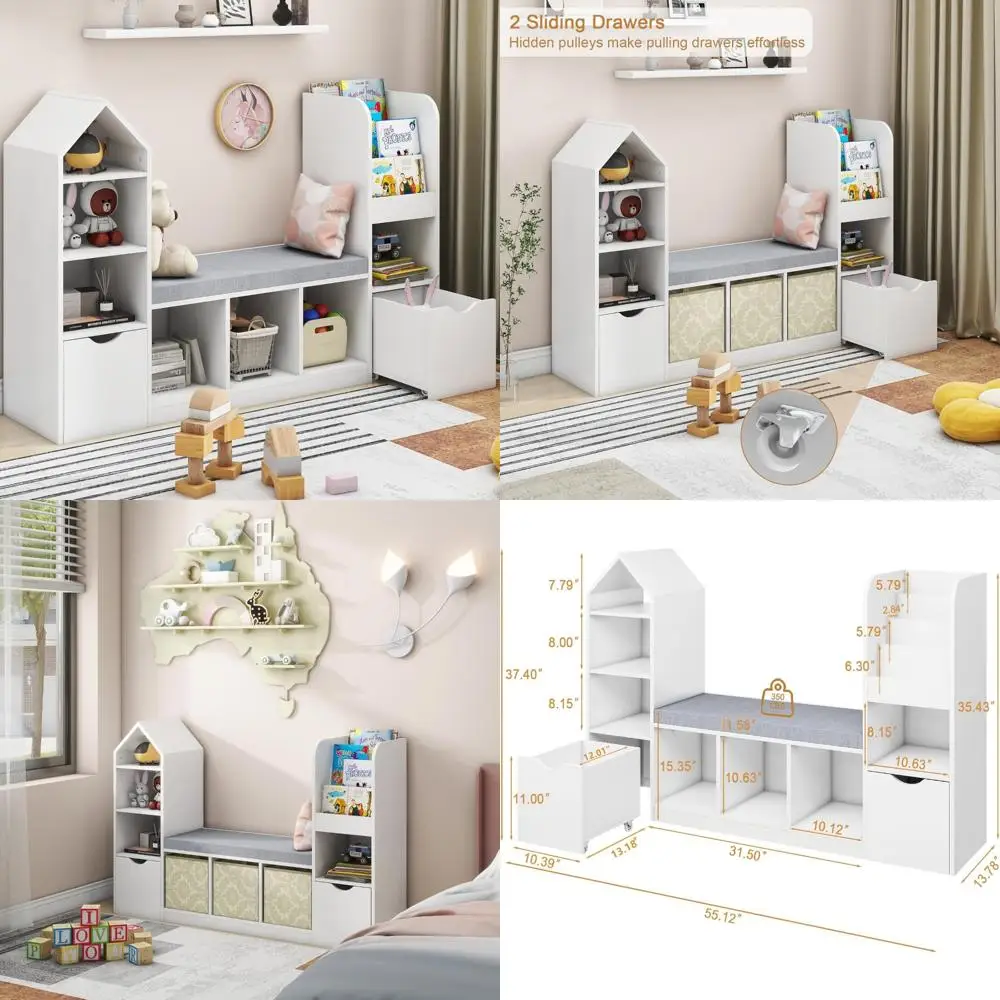 خزانة كتب متعددة الوظائف للأطفال مع زاوية قراءة، 7 مساحات تخزين ودرجين لكتب وألعاب الأطفال