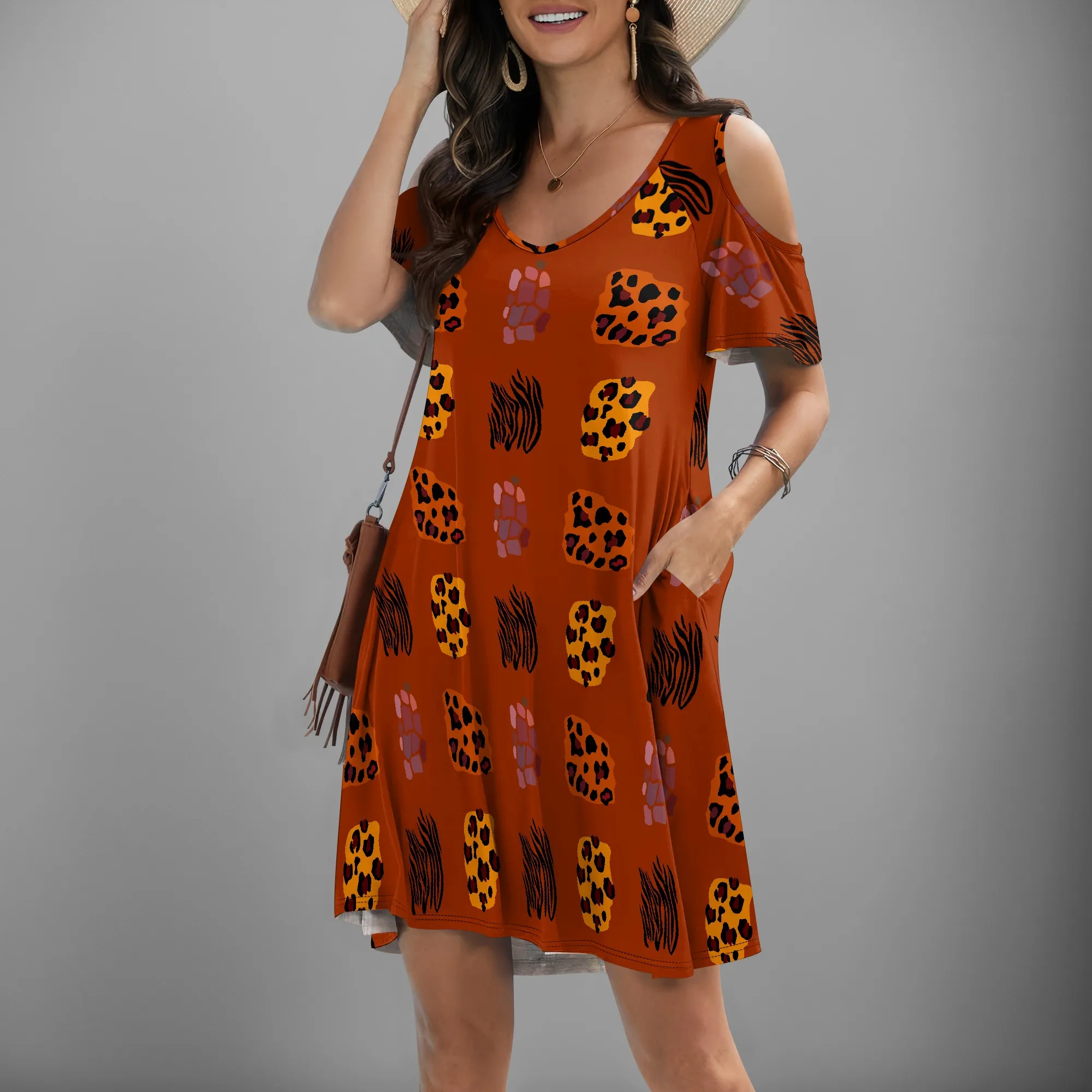 

Off Shoulder Leopard Print Women Short Sleeved V-neck Short Dress with Pocket A-type Skirt XS-3XL