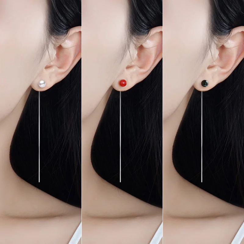 

Elegant Long Silver Drop Earrings with Freshwater Pearl Tassel Korean Style Ear Studs Accessories for Women Students