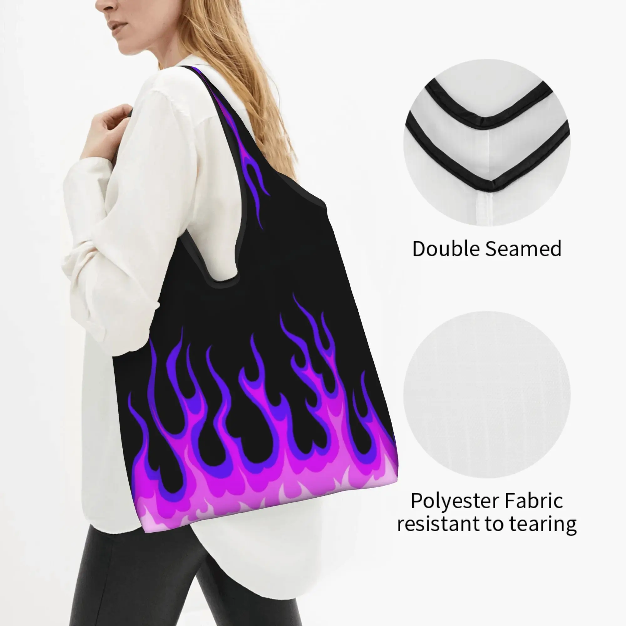 Fashion Printing Purple Classic Racing Flames Shopping Tote Bag Portable Shopper Shoulder Flaming Fire Handbag