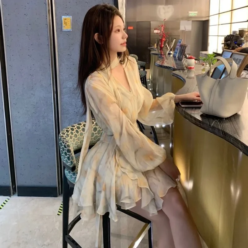 Flower Yellow Female Chiffon Dress Holiday Women\'s Long Sleeve Satin Silk Dresses Floral One-piece Clothing Casual Youth Clothes