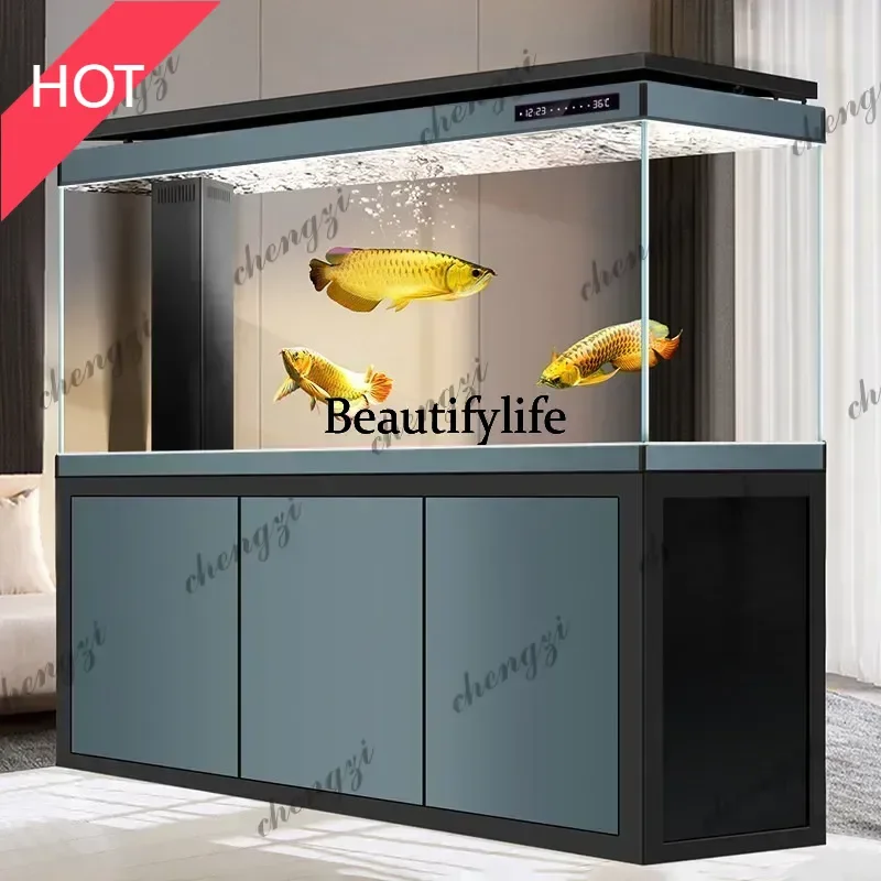Fish tank living room large water-free bottom filter ultra-white aquarium entrance against the wall screen
