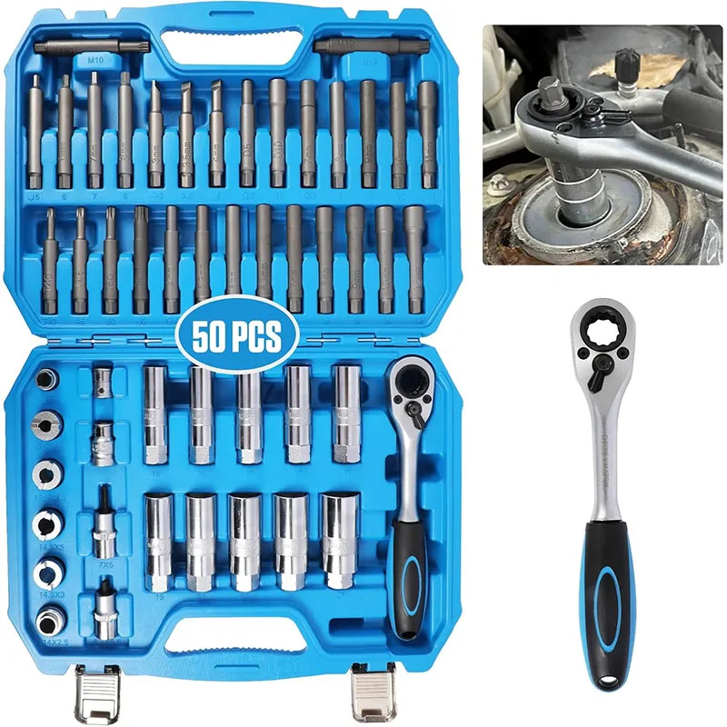 50pcs Shock Absorber Strut Nut Go-thru Socket Set & Ratchet Steering Hub Suspension Shock Absorber Nut Removal Tool Socket Kit