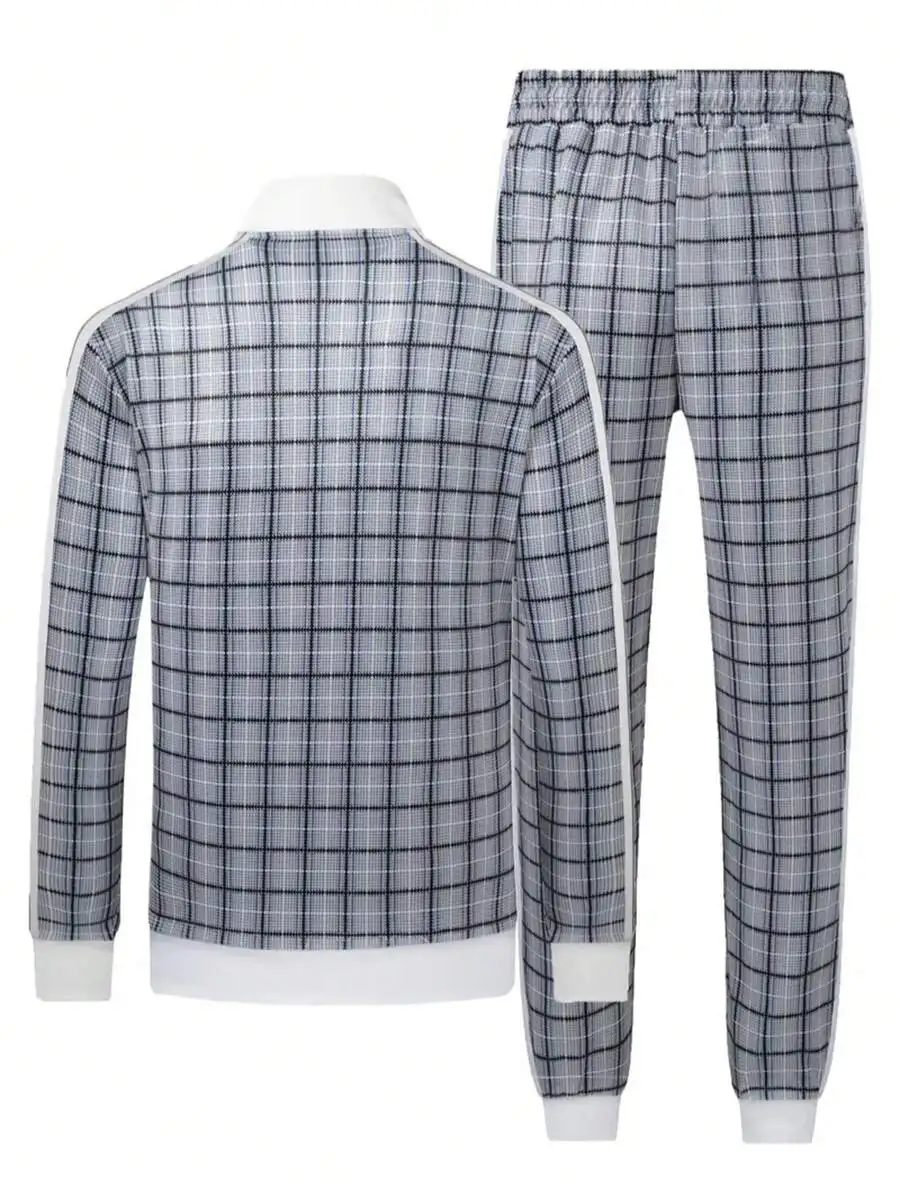 Conjunto deportivo con estampado de cuadros para hombre, top de manga larga con cremallera completa y pantalones deportivos con cintura elástica para fitness, correr y uso casual.
