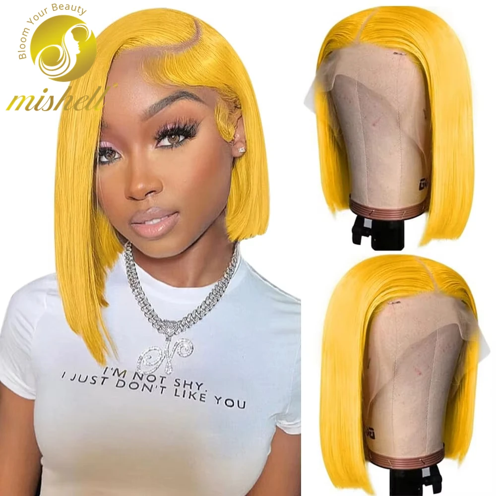 

Short Yellow Bob Wig Human Hair 200% Density 13x4 Transparent Straight Lace Front Wig Pre Plucked with Baby Hair for Black Women