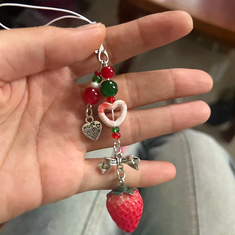 Unique Sweet Strawberry Phone Charms Pendant Cute Bow Heart Beaded Keychain Camera Schoolbag Decoration Accessories Gifts