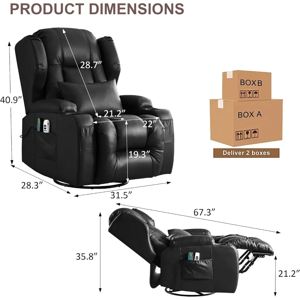 Power Recliner Chair - Faux Leather Home Theater Seating Glider Reclining Sofa with Massage & Heat Swivel Rocker Recliner Chair