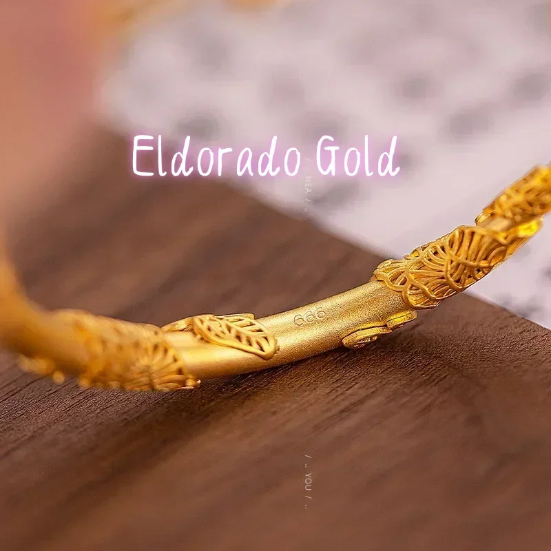 Eldorado Gold  9999 Real Gold 24K New Chinese Ancient Gold Flowering Bracelet, National Style Acacia Vine Leaf Push-pull Women's