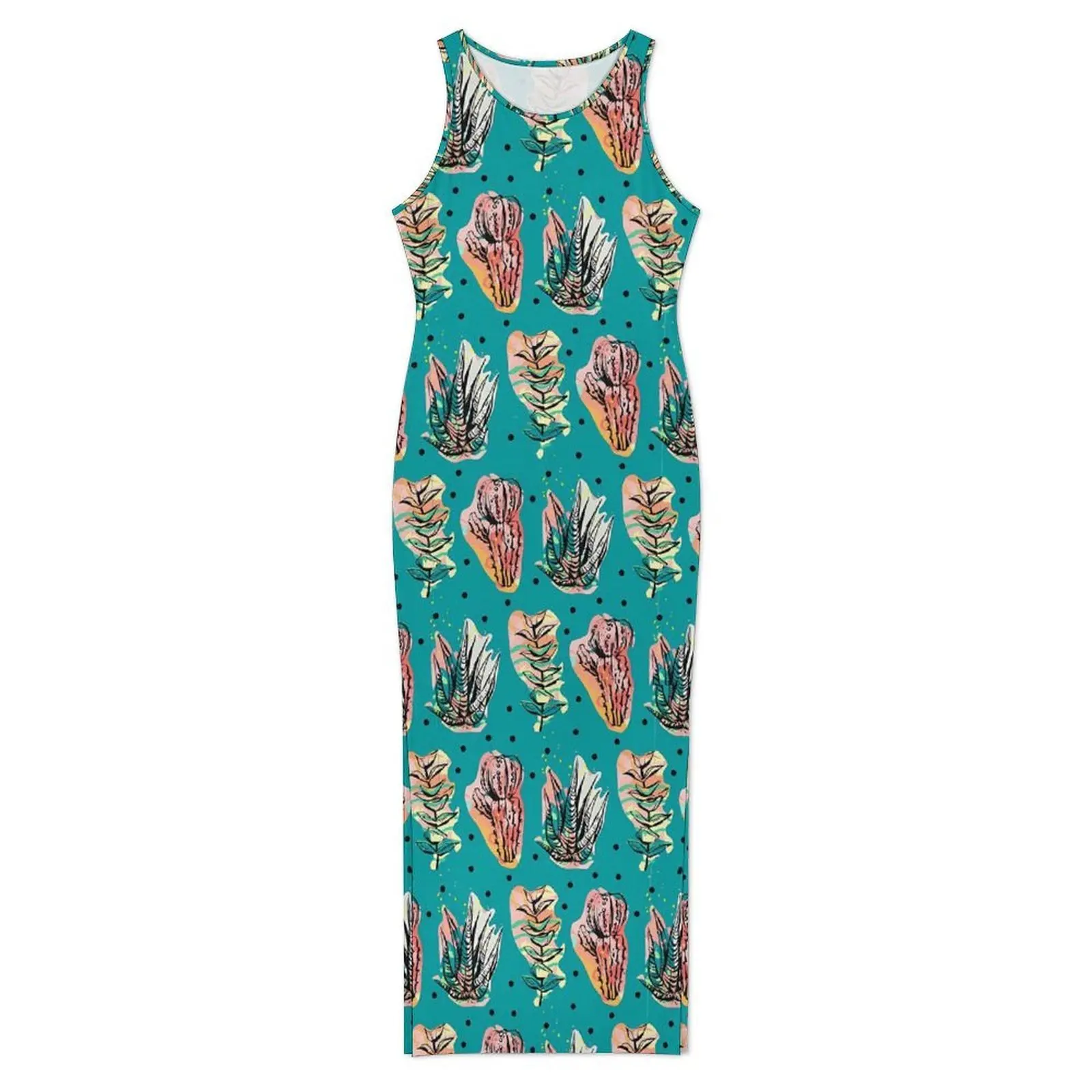 Abstract Cactus Bodycon Dress Summer Dots Print Modern Maxi Dresses Womens Sleeveless Printed Fashion Dress Large Size 3XL 4XL
