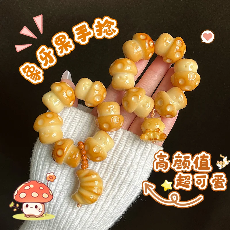Ivory Fruit Carving, Charcoal-Grilled Mushroom, Small Hand-Held Trinket, Finger Ring