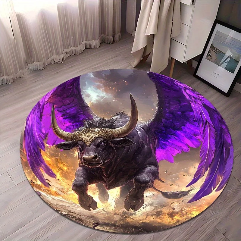 Purple-winged Bull Flannel-printed round floor mats are slip-resistant Suitable for living room bedroom terrace garden carpets