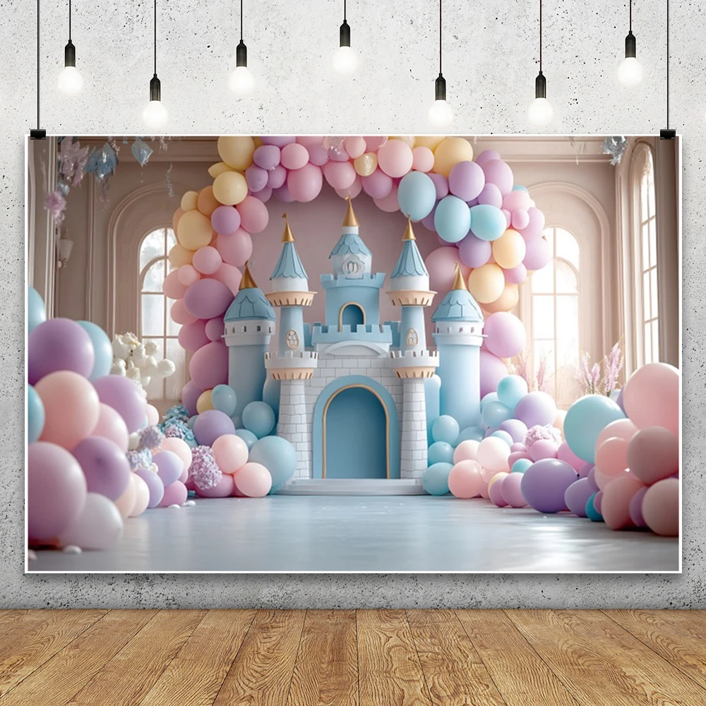 Colorful Balloon Flower Castle Princess Girl Birthday Party Decor Backdrop Fairy Tale Castle Photography Background Photo Studio