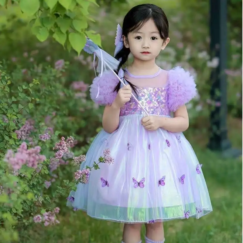 Girls' Princess Dress Summer 2026 Children's Butterfly Wings Western Style Baby Bubble Sleeve Yarn Dress