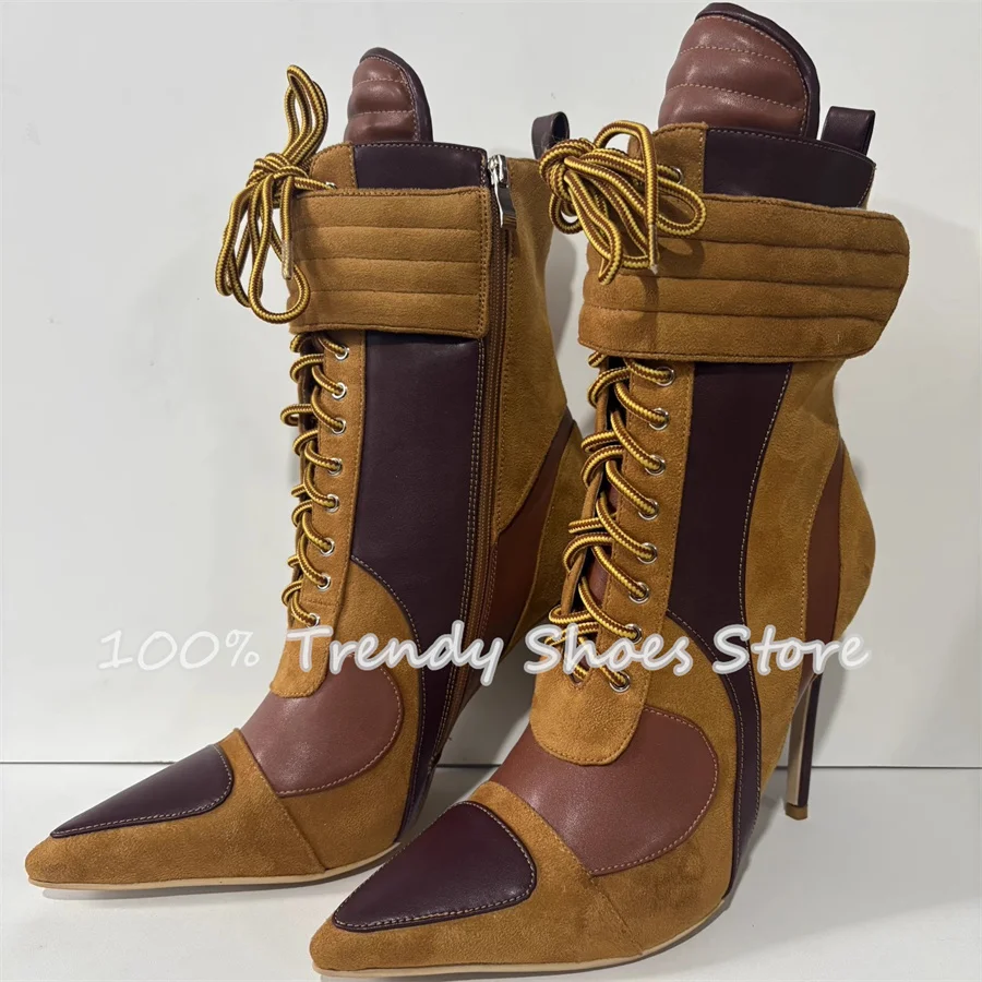 

Women Large Size Mixed Color Leather Lace-Up Boots New Fashion Pointed Toe High Heel Mid-Calf Boots Ladies Casual Sport Shoes