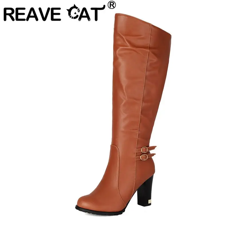 

REAVE CATSexy Женские сапоги до колена с круглым носком, 8,5 см, блочный каблук, молния, пряжка ремня, модные вечерние бота, расширенный размер 41 42, черный