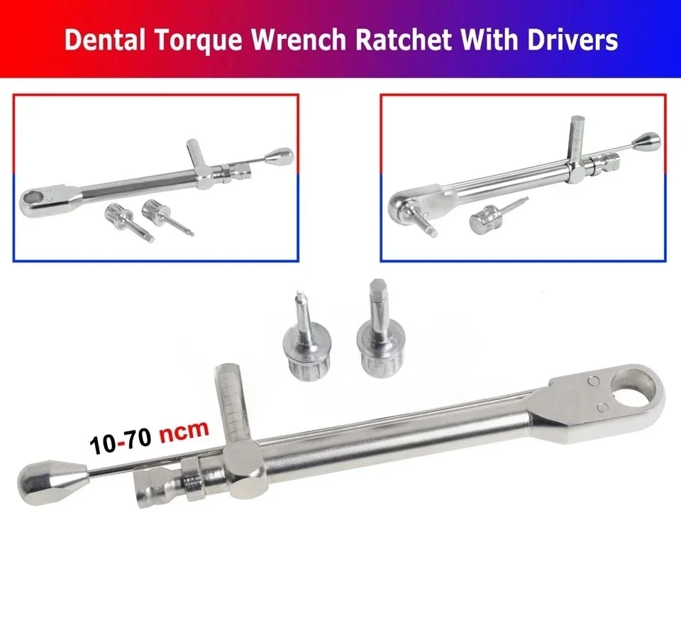 Dental Implant Torque Wrench Ratchet Dental Instrument 10-70 NCM With 2 Drivers 1.25mm & 2.42mm