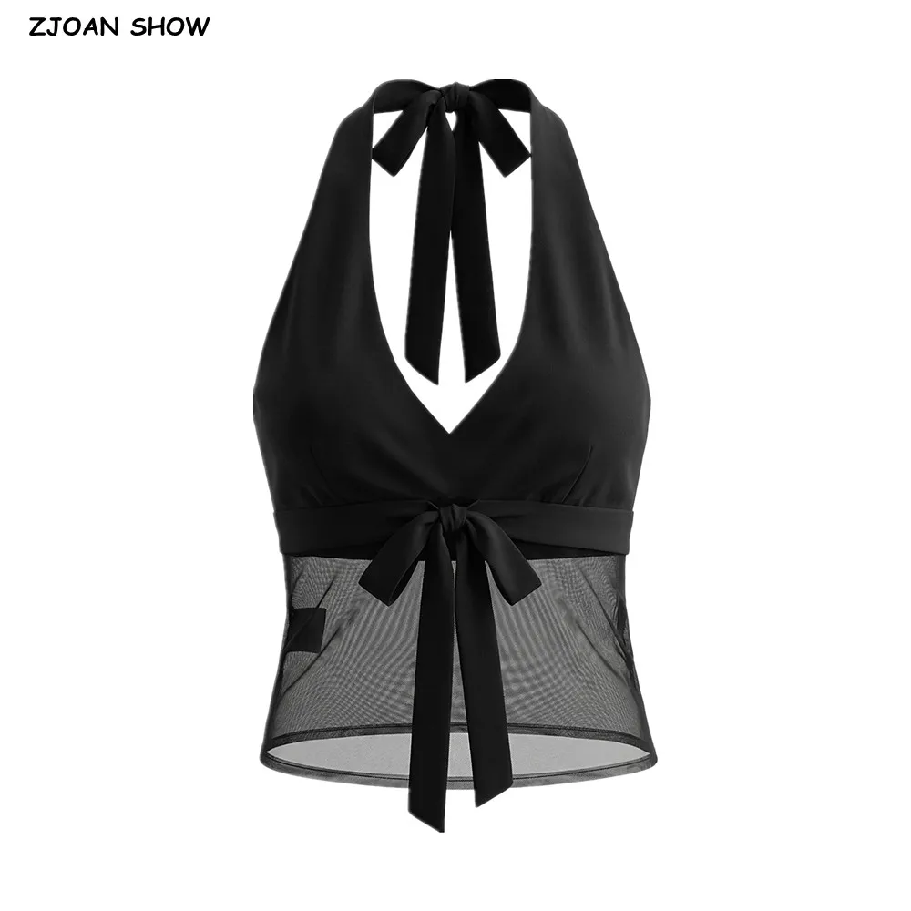 Sexy Black Bow Halter Tank Top Women Spliced Sheer Mesh Hem Slim Waist Backless Crop Camis Summer Vest