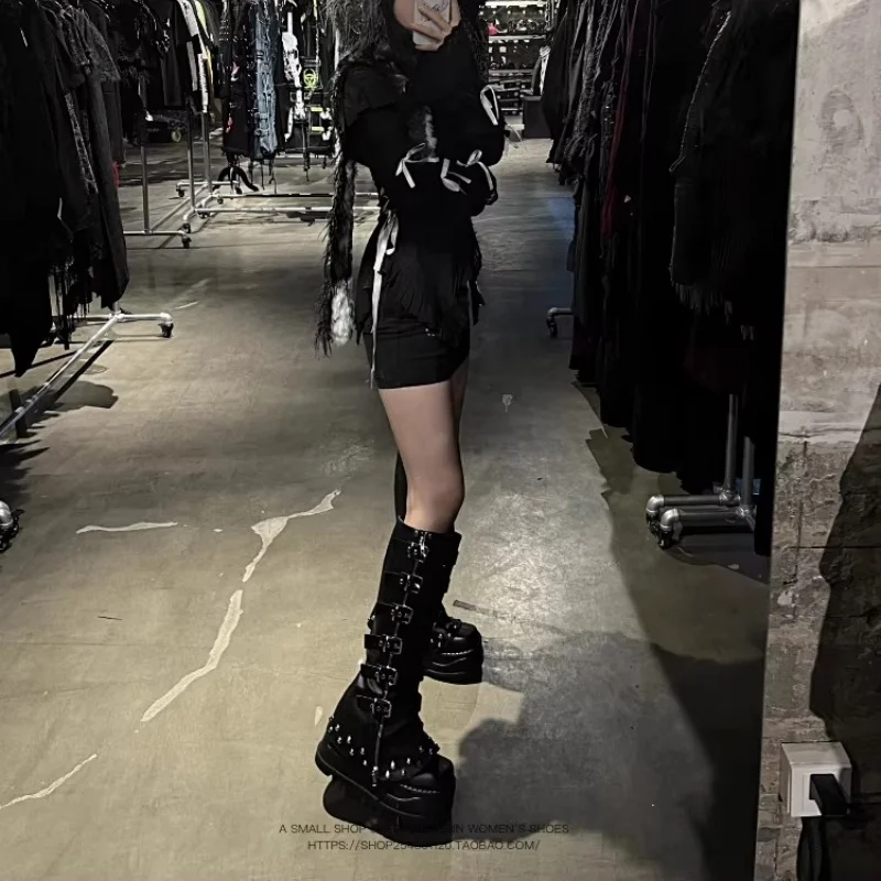 Black Punk Thick Soled Shoes and Leg Covers Combination Long Tube Boots Gothic Belt Decorative Boots Leather Shoes Leg Covers