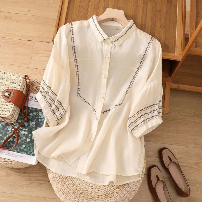 

Однотонная рубашка со средними рукавами в стиле ретро с вышивкой для лета, новый стиль, свободный тонкий топ из хлопка и льна